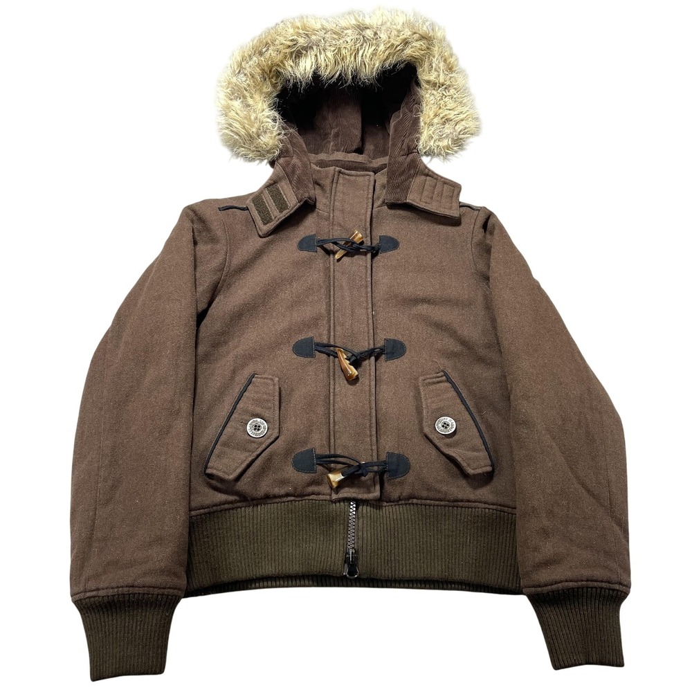 Pepe Jeans Jacket Women's Med Brown Wool Hooded Bomber Full Zip Toggle Fur Lined